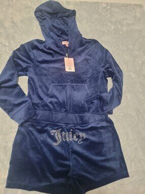 Juicy Couture Hoodie & Shorts Set Atlantis Navy Blue Velour Rhinestone Zipper XL